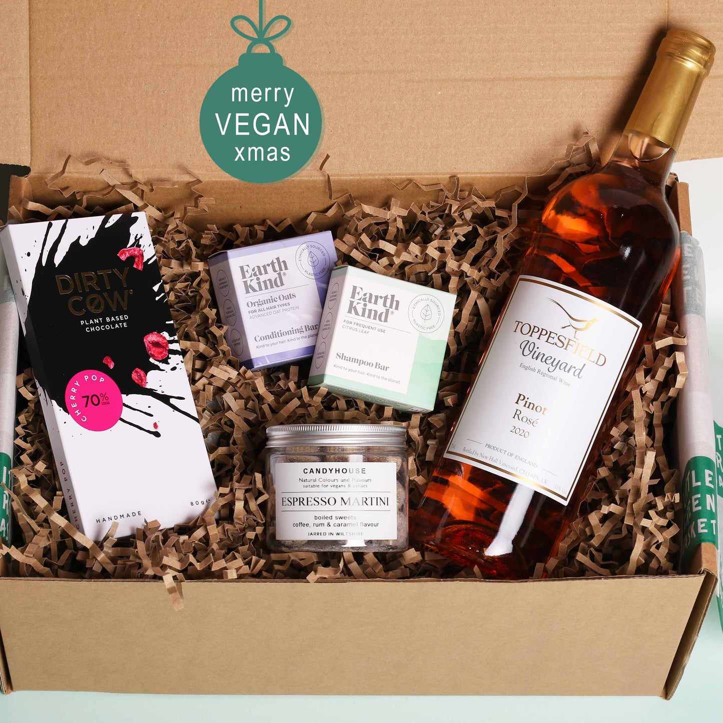 Vegan gift box for her has wine chocolate, sweets and haircare