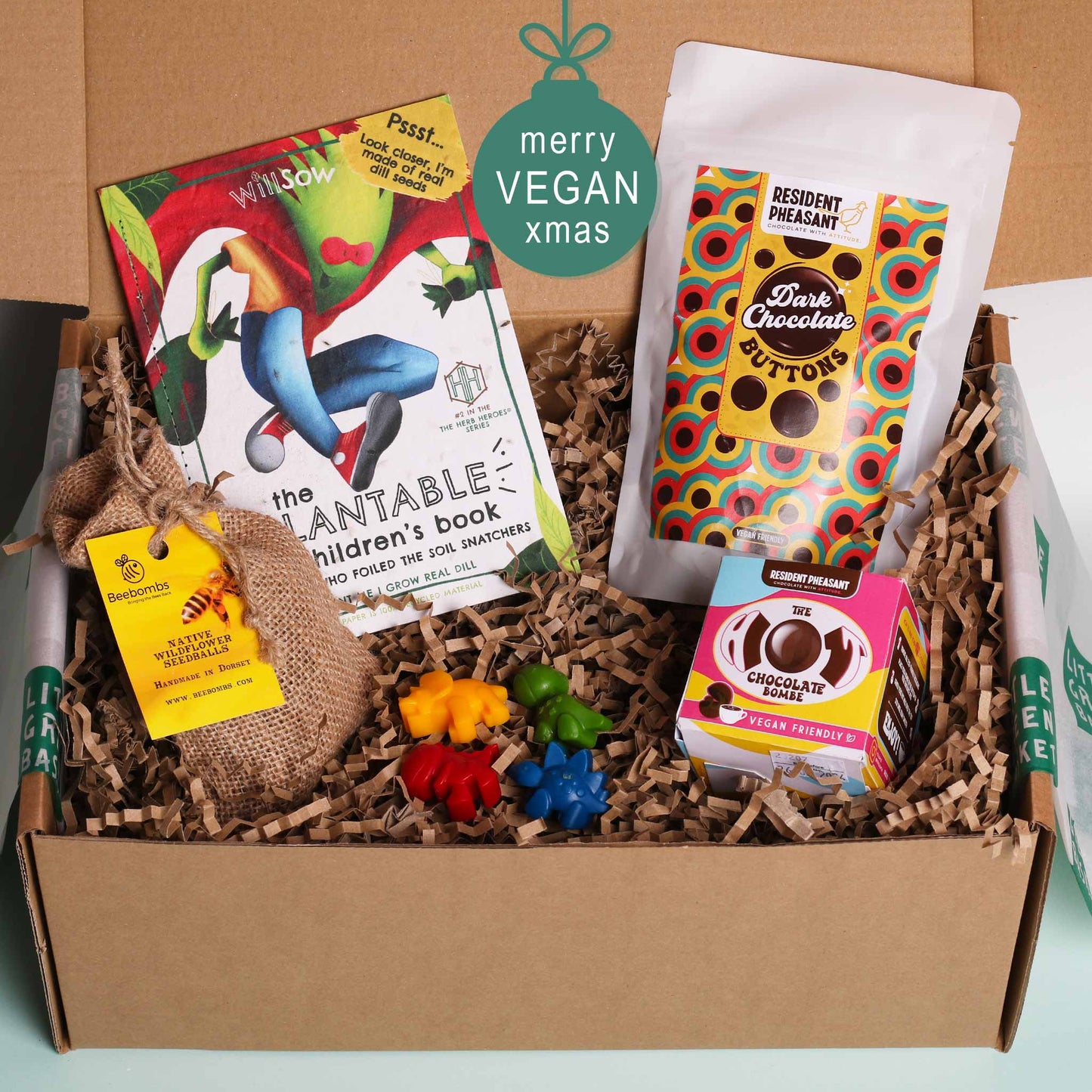Kids Vegan Gift Box with cookies, crayons, Hellion Toy , Beebomb seeds and Willsow book