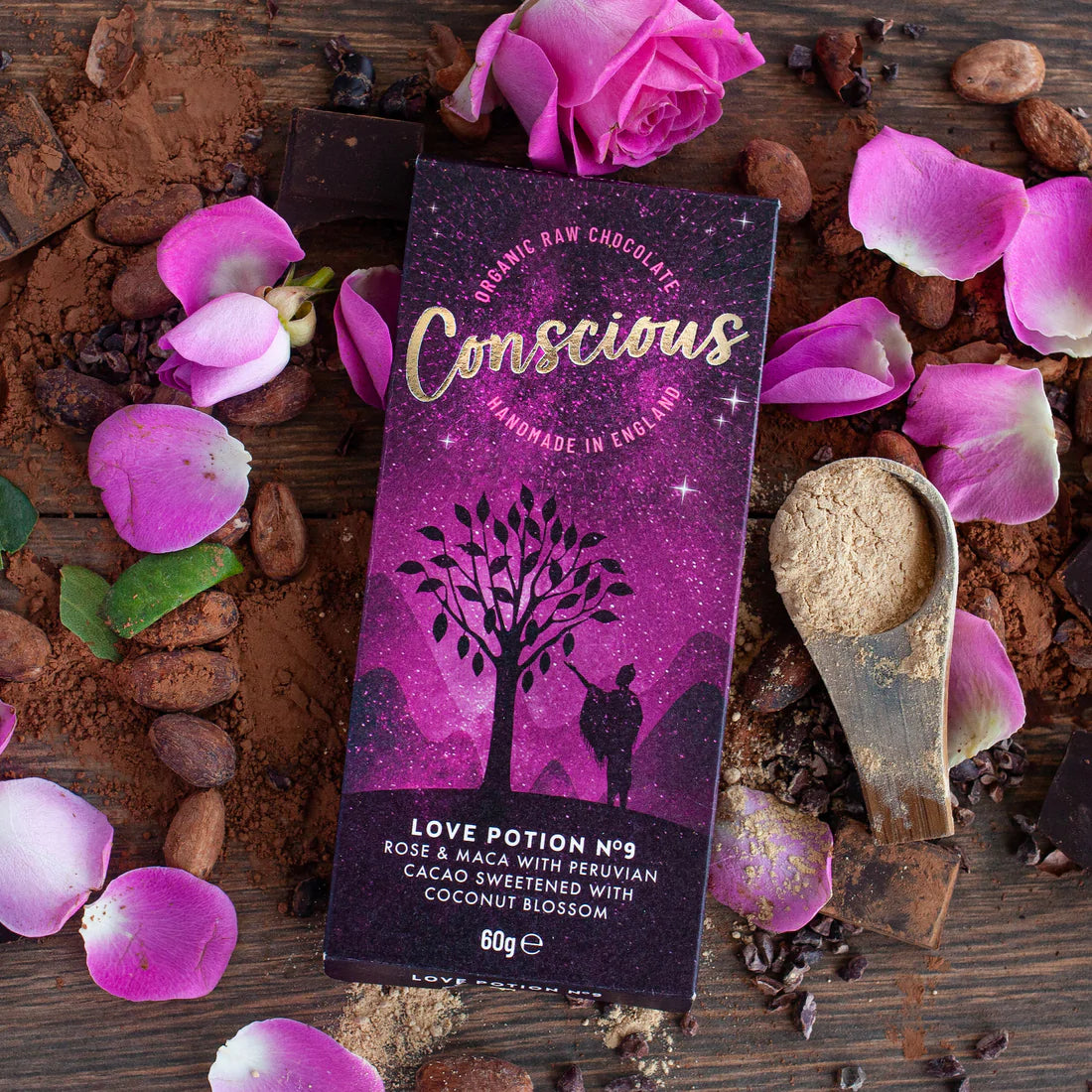 
                  
                    Conscious Organic Vegan Raw chocolate ‘Love Potion No 9’ free from gluten, soya, dairy and refined sugars
                  
                