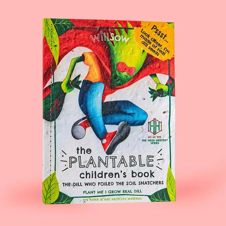 Kids vegan gift box with Willsow Plantable Book, Natural Crayon Company crayons, Beebomb seed pouch and Hellion wooden toy