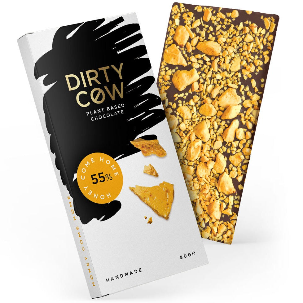 
                  
                    Dirty Cow Honey Come Home vegan chocolate. Honeycomb loaded onto milky vegan chocolate
                  
                