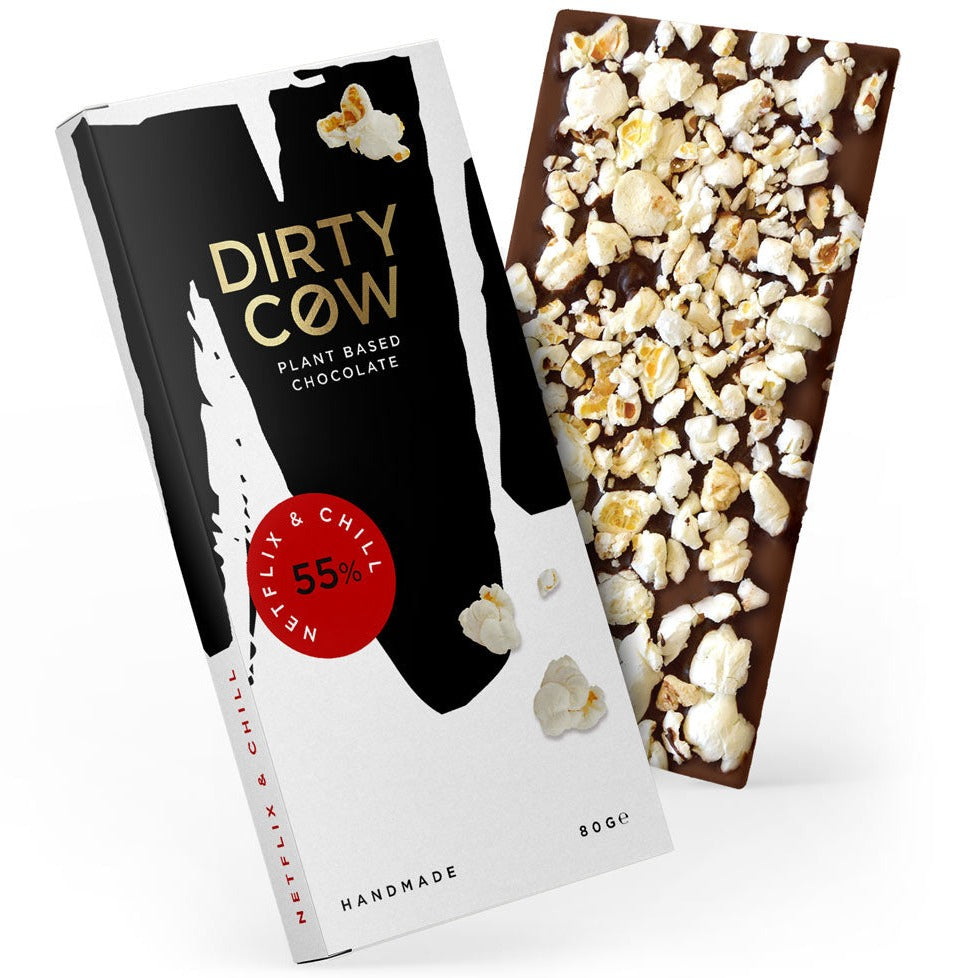 
                  
                    Dirty Cow Netflix and Chill vegan chocolate. Posh vegan chocolate loaded with yummy popcorn
                  
                