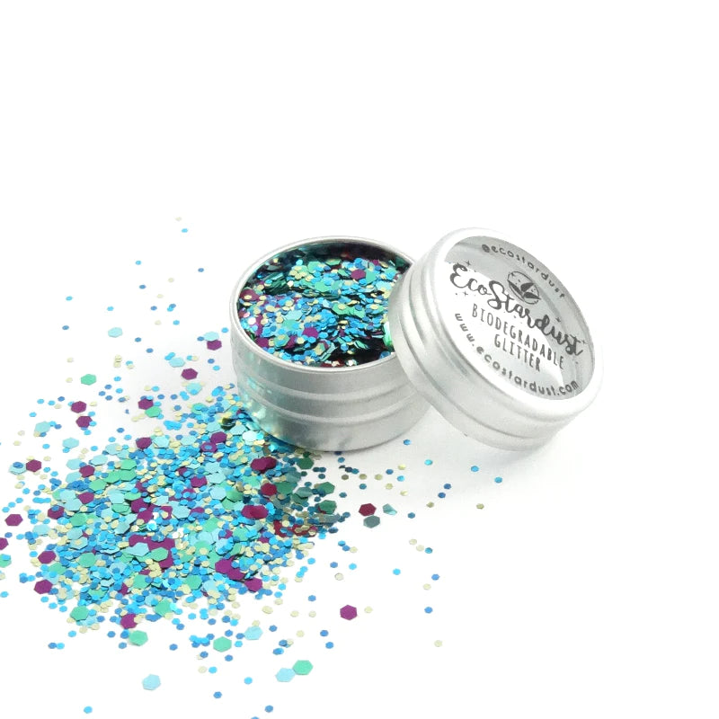 EcoStardust Biodegradable Glitter Peacock tin with blue green glitter. Vegan and cruelty free. Perfect for festival season