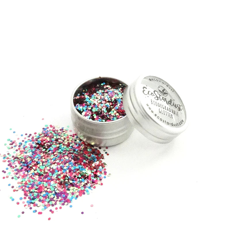 EcoStardust Biodegradable Glitter Rainbow tin with a rainbow of colour glitter. Vegan and cruelty free. Perfect for festival season