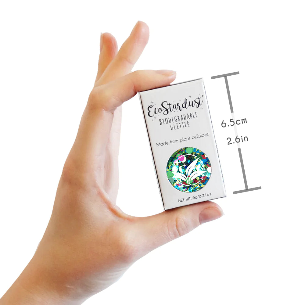 EcoStardust Biodegradable Glitter Peacock tin with blue green glitter. Vegan and cruelty free. Perfect for festival season