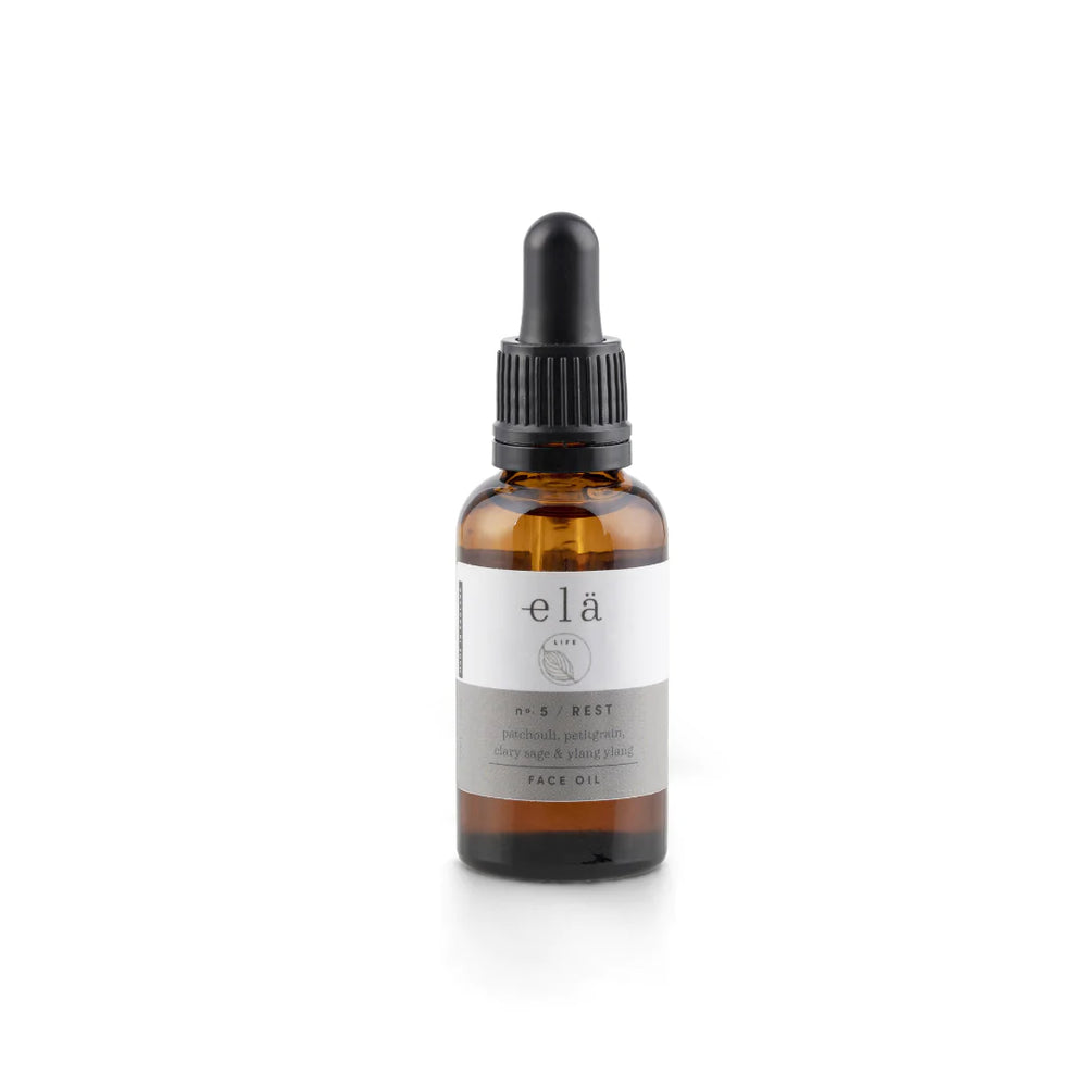 
                  
                    Elä Life Rest No 5 Face Oil is a relaxing and calming oil combining their blend of oils and Clary Sage, Ylang Ylang, Petitgrain and Patchouli 100% Essential Oils
                  
                