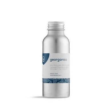 Georganics Oil Pulling Mouthwash, English Peppermint. A natural mouthwash based on an Ayurvedic technique of swishing oil through teeth and gums to pull out bacteria and debris.