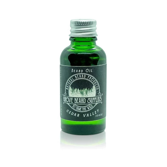 
                  
                    Grove Beard Supplies Beard Oil Cedar Valley. Scents of woodsy Cedarwood & Pine Needle with undertones of Tea Tree & Orange. Blended to provide complete nourishment for your beard.
                  
                