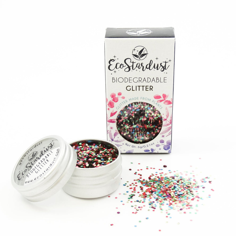 EcoStardust Biodegradable Glitter Rainbow tin with a rainbow of colour glitter. Vegan and cruelty free. Perfect for festival season