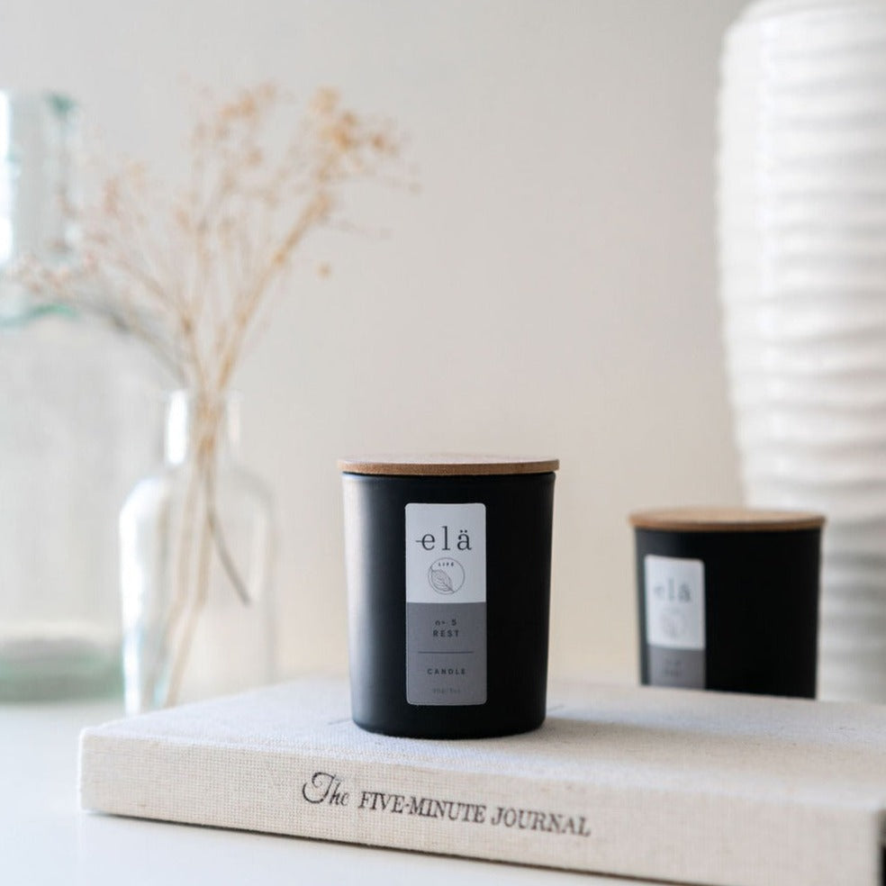 
                  
                    Elä Life Rest No 5 Votive Candle is handmade in the UK in small batches from 100% natural ingredients
                  
                