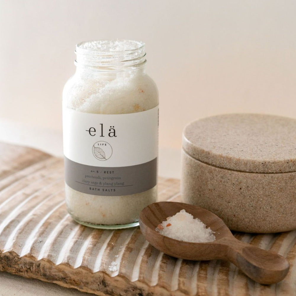 
                  
                    Elä Life Rest No 5 Bath Salts with Epsom and Pink Himalayan salts and aromatherapy blend of Clary Sage, Ylang Ylang, Petitgrain and Patchouli 100% Essential Oils
                  
                