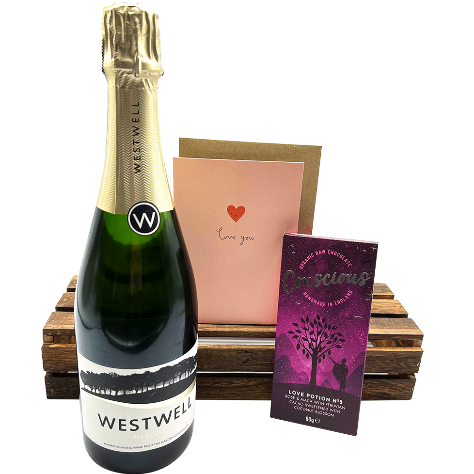 Vegan Valentines Gift Box with Sparkling Wine, chocolate and a card