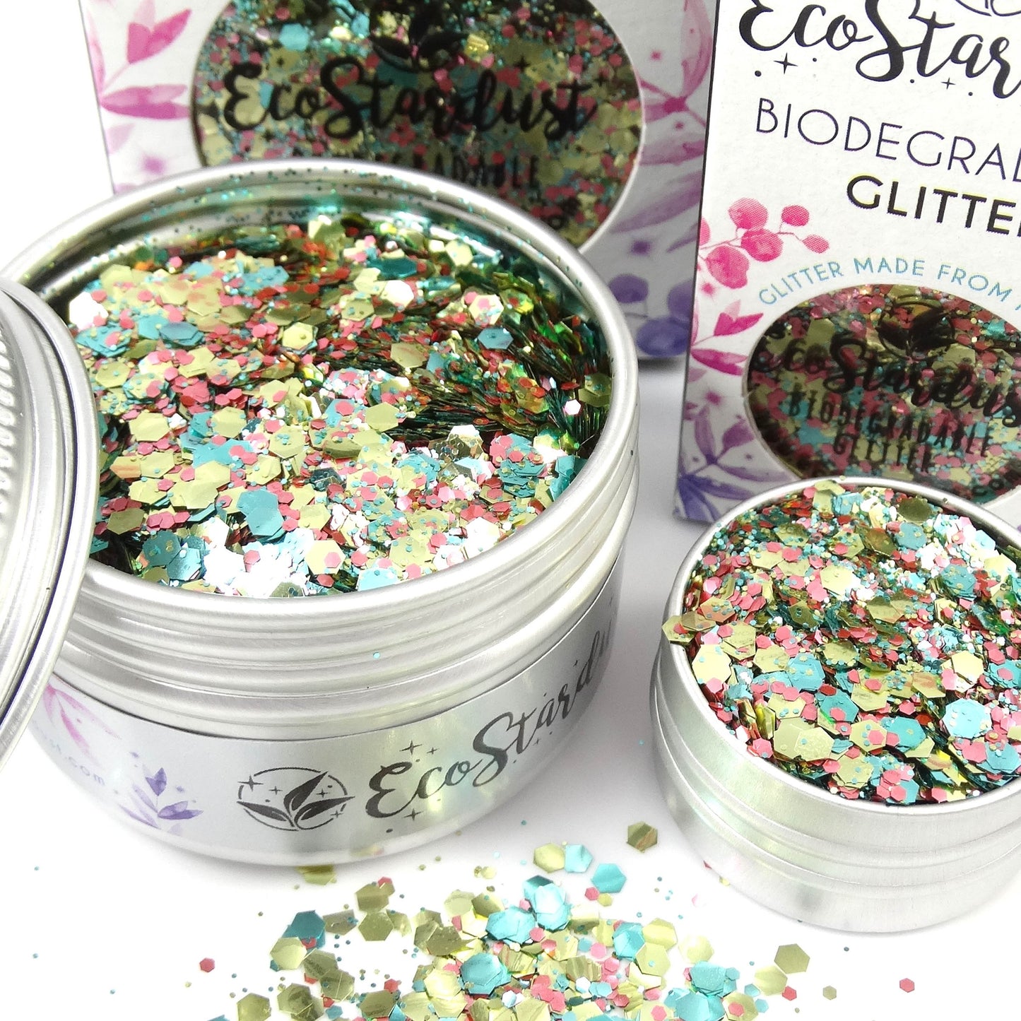 EcoStardust Biodegradable Glitter Rainbow tin with gold pink and green colour glitter. Vegan and cruelty free. Perfect for festival season