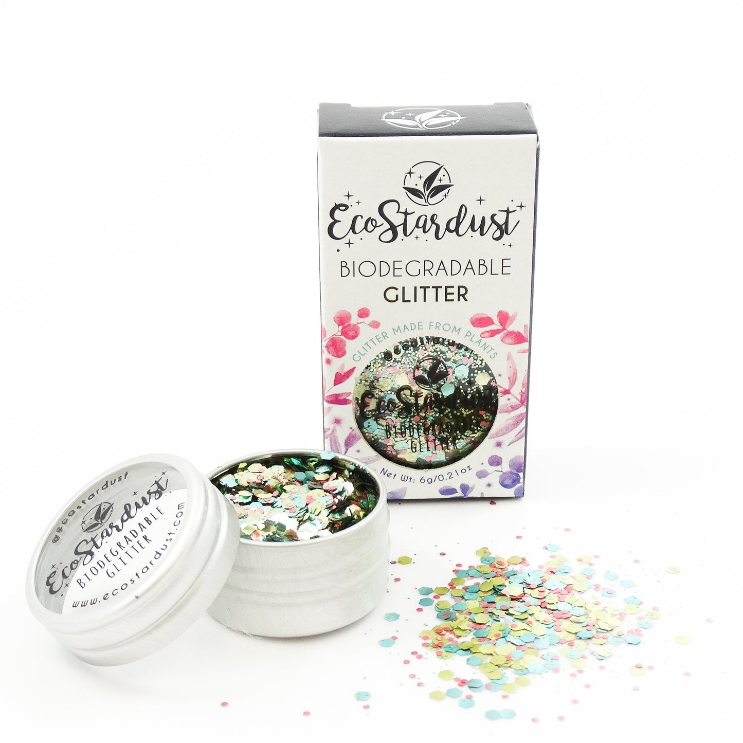 EcoStardust Biodegradable Glitter Rainbow tin with gold pink and green colour glitter. Vegan and cruelty free. Perfect for festival season