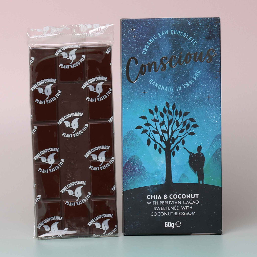 
                  
                    Conscious Chocolate, Vegan and Raw ‘Chia and Coconut’ bar packed full of seeds and coconut, wrapped in dark, creamy Peruvian vegan chocolate
                  
                