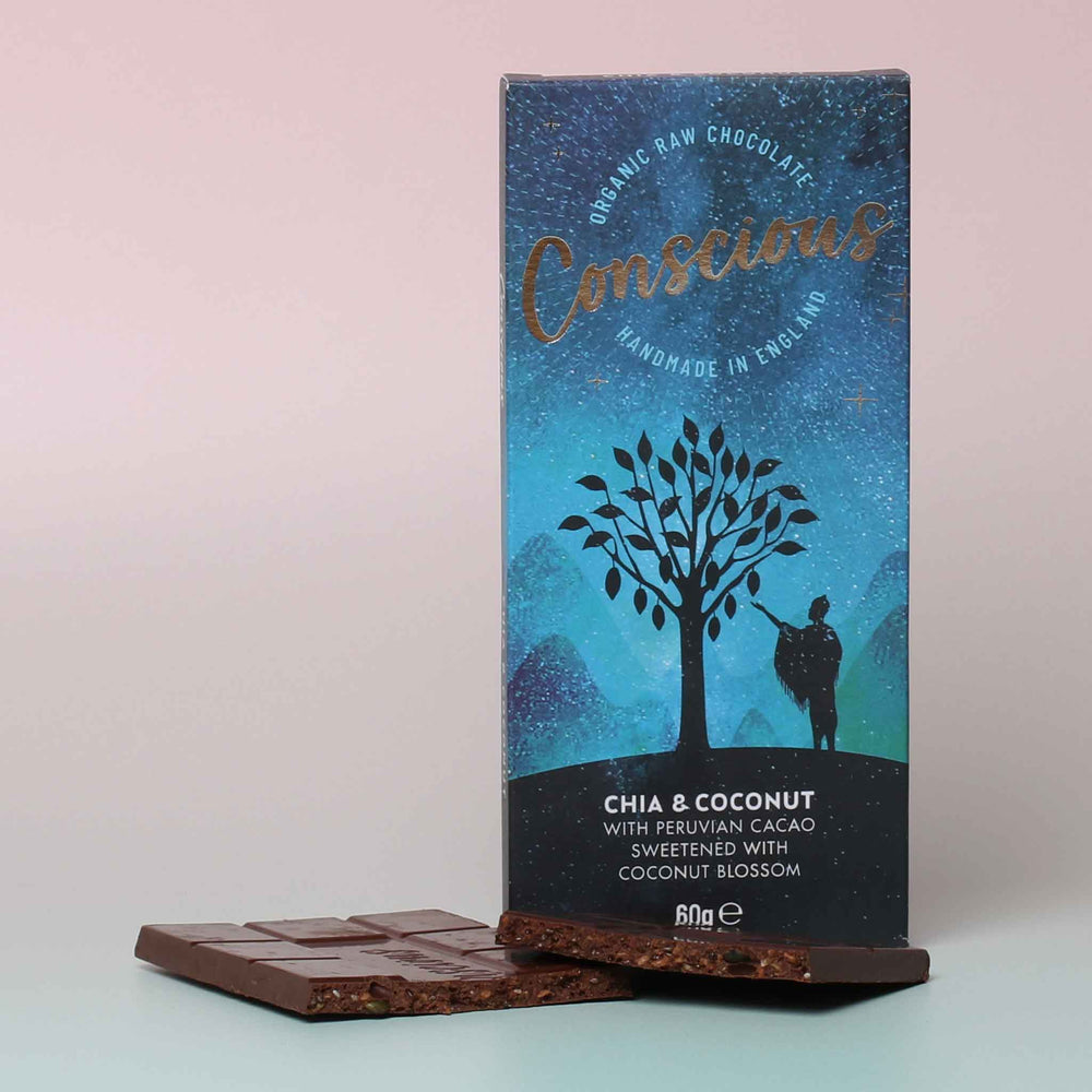Conscious Chocolate, Vegan and Raw ‘Chia and Coconut’ bar packed full of seeds and coconut, wrapped in dark, creamy Peruvian vegan chocolate