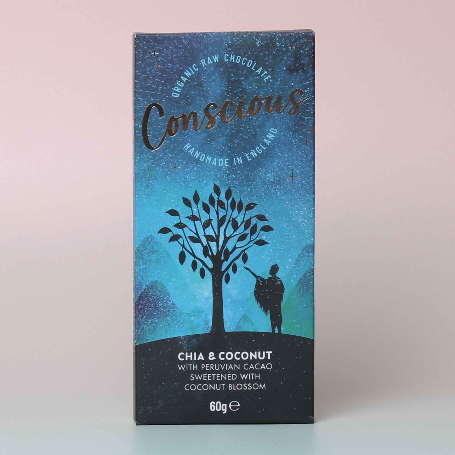 Conscious Chocolate, Vegan and Raw ‘Chia and Coconut’ bar packed full of seeds and coconut, wrapped in dark, creamy Peruvian vegan chocolate