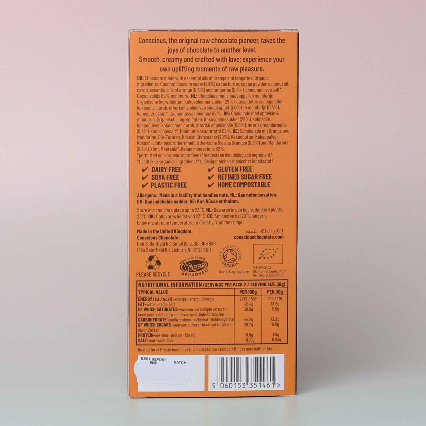 conscious orange tangerine vegan chocolate back label