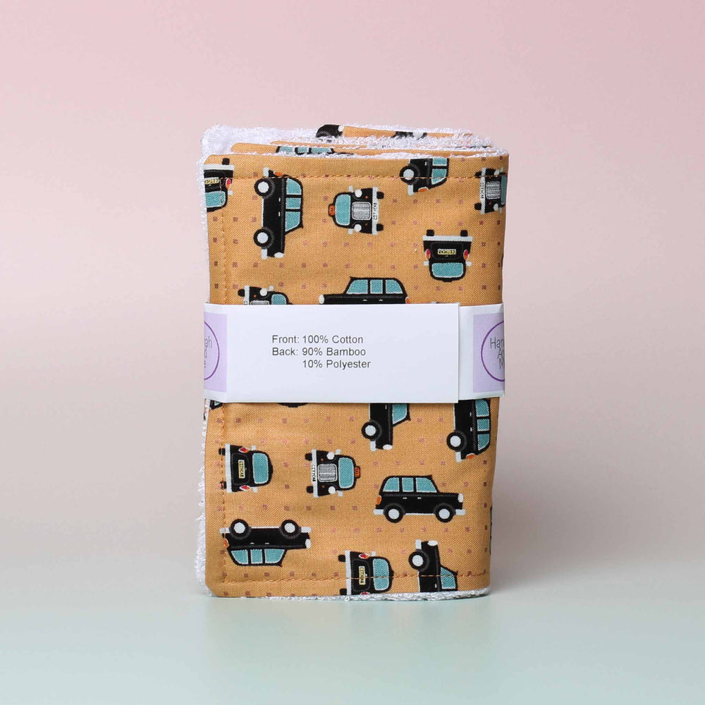 Hannah and Me - Large Reusable Wipes, Set of 5, 6 inch Black Cab Pattern