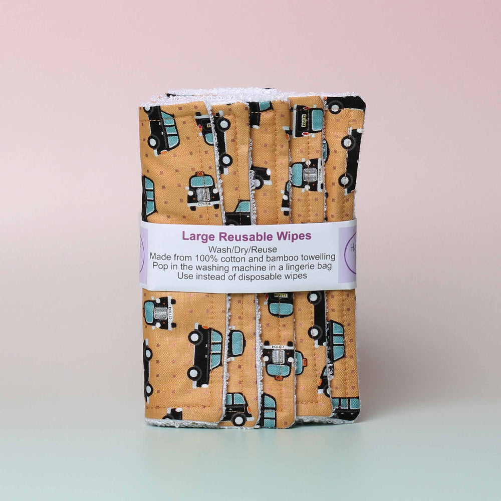
                  
                    Hannah and Me - Large Reusable Wipes, Set of 5, 6 inch Black Cab Pattern
                  
                