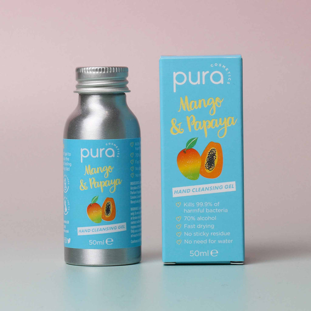 Pura Cosmetics Mango & Papaya Hand Cleansing Gel. Vegand, cruelty free, plastic free and made in the UK