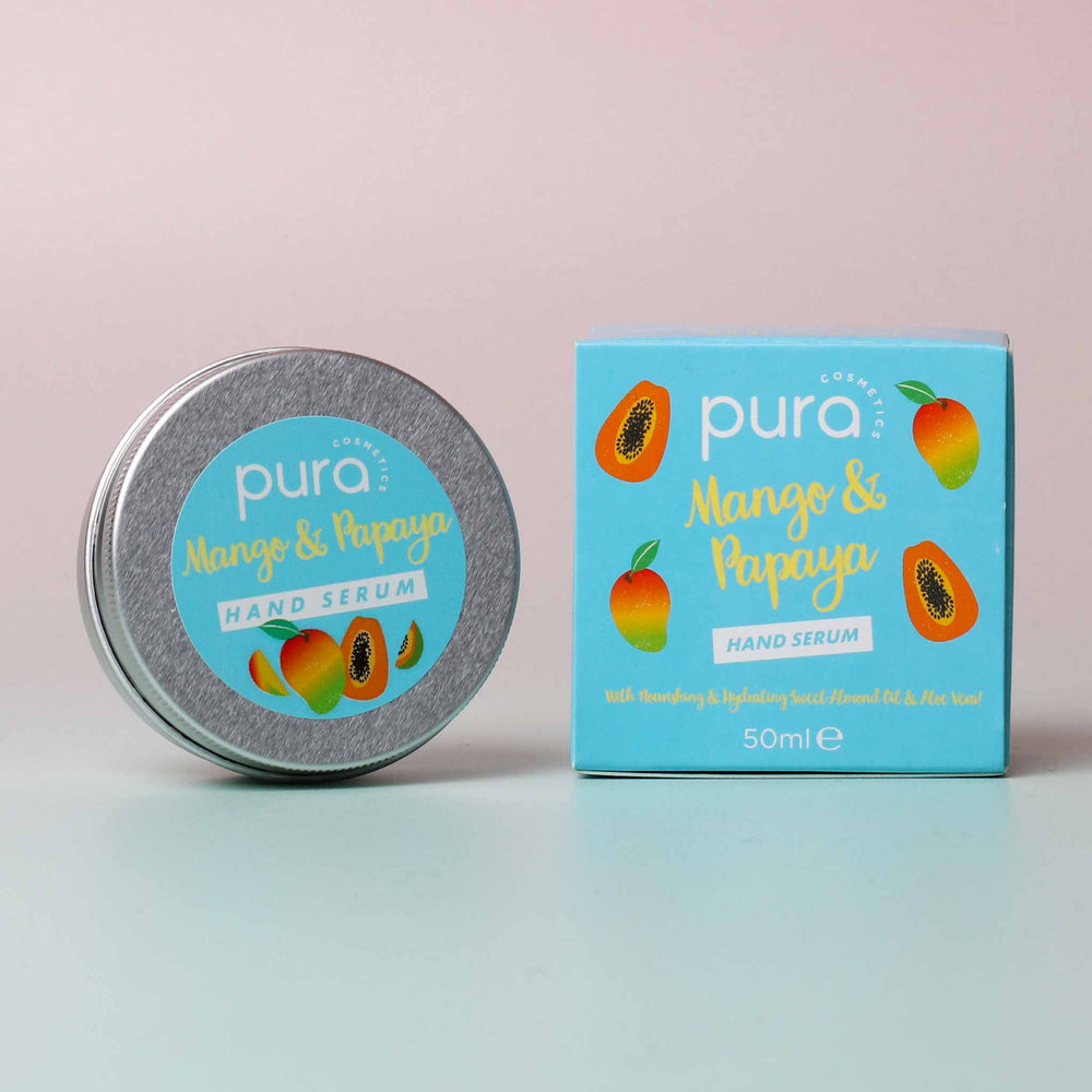 Pura Cosmetics Mango & Papaya Hand Serum. Vegan, cruelty free, plastic free, UK made and hydrating with a gorgeous tropical smell