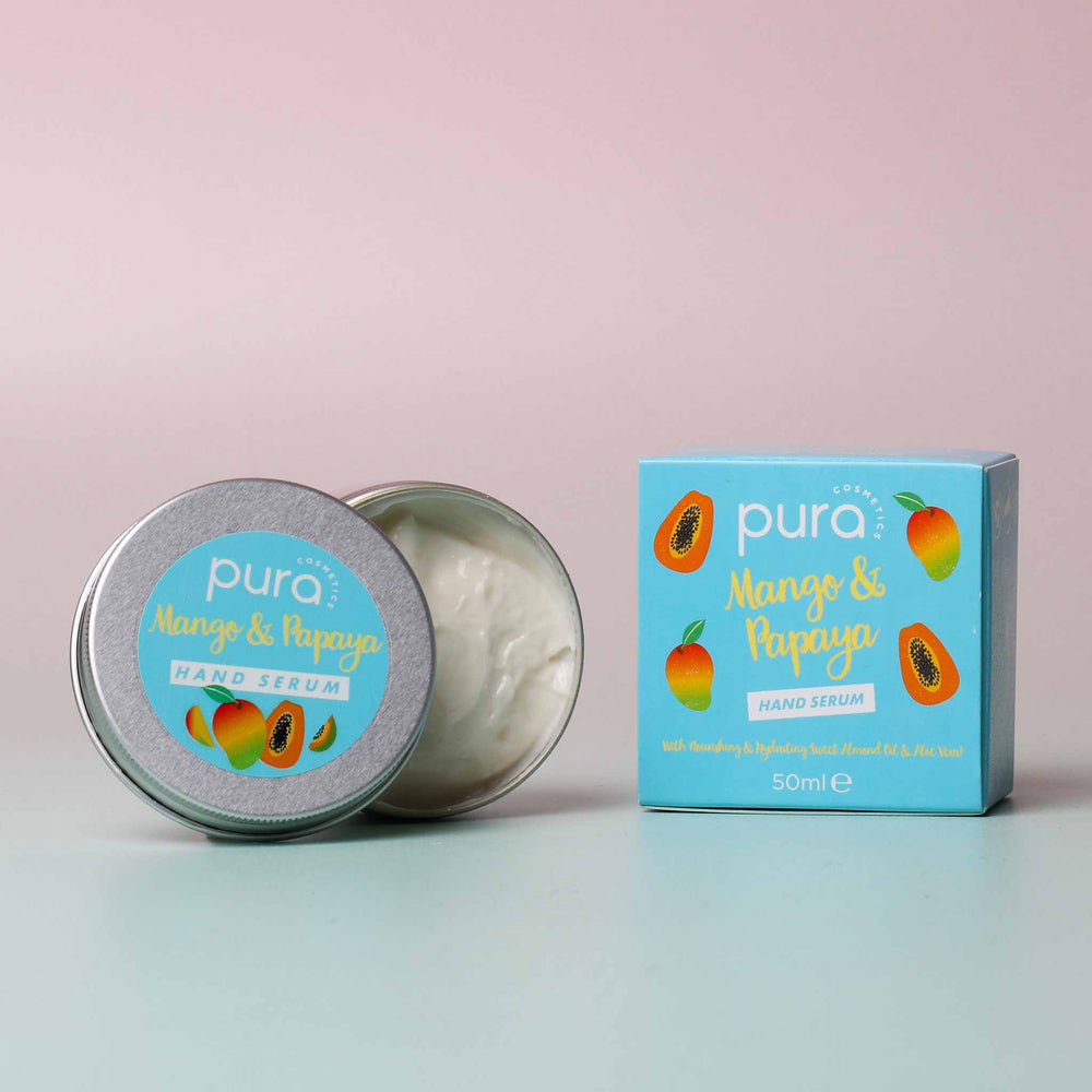 
                  
                    Pura Cosmetics Mango & Papaya Hand Serum. Vegan, cruelty free, plastic free, UK made and hydrating with a gorgeous tropical smell
                  
                