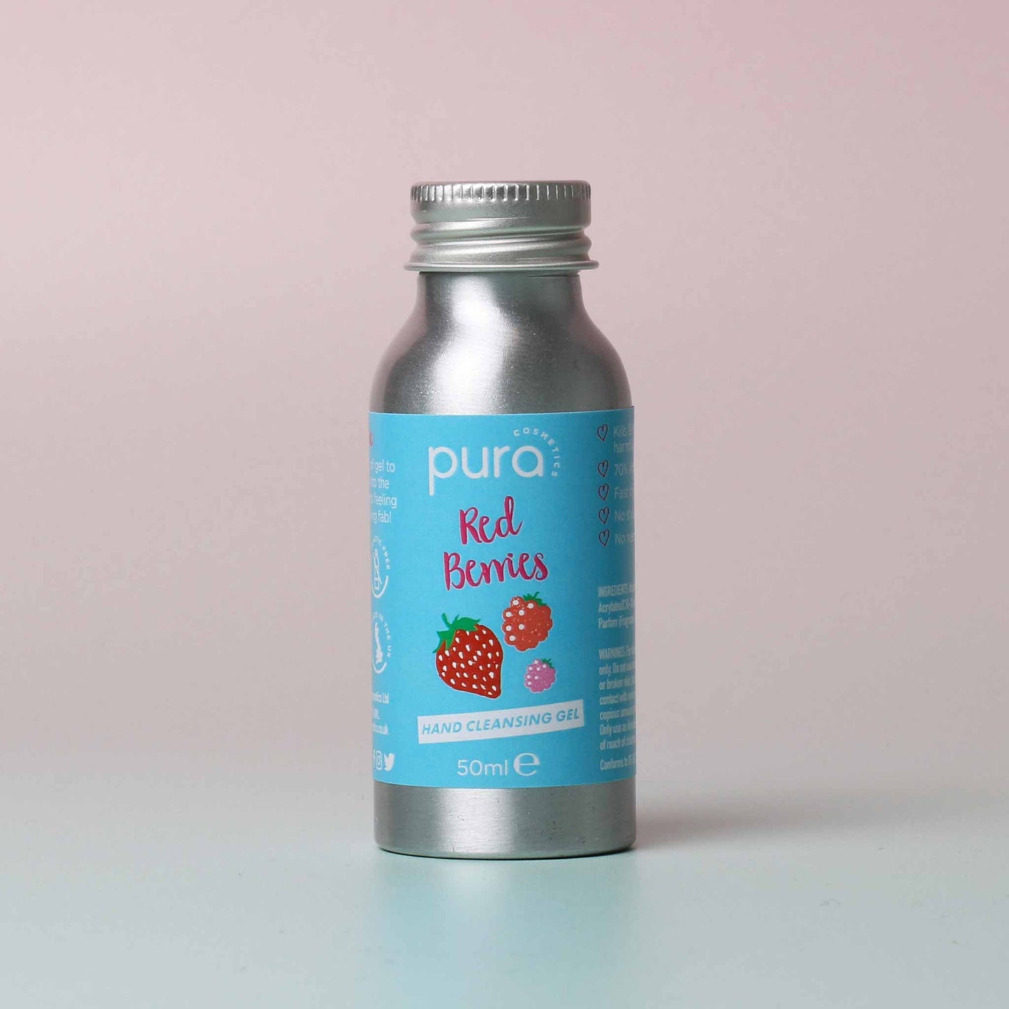 Pura Cosmetics Red Berries Hand Cleansing Gel 50ml.  Gets rid of 99% of nasty germs while still being vegan, cruelty free and UK made
