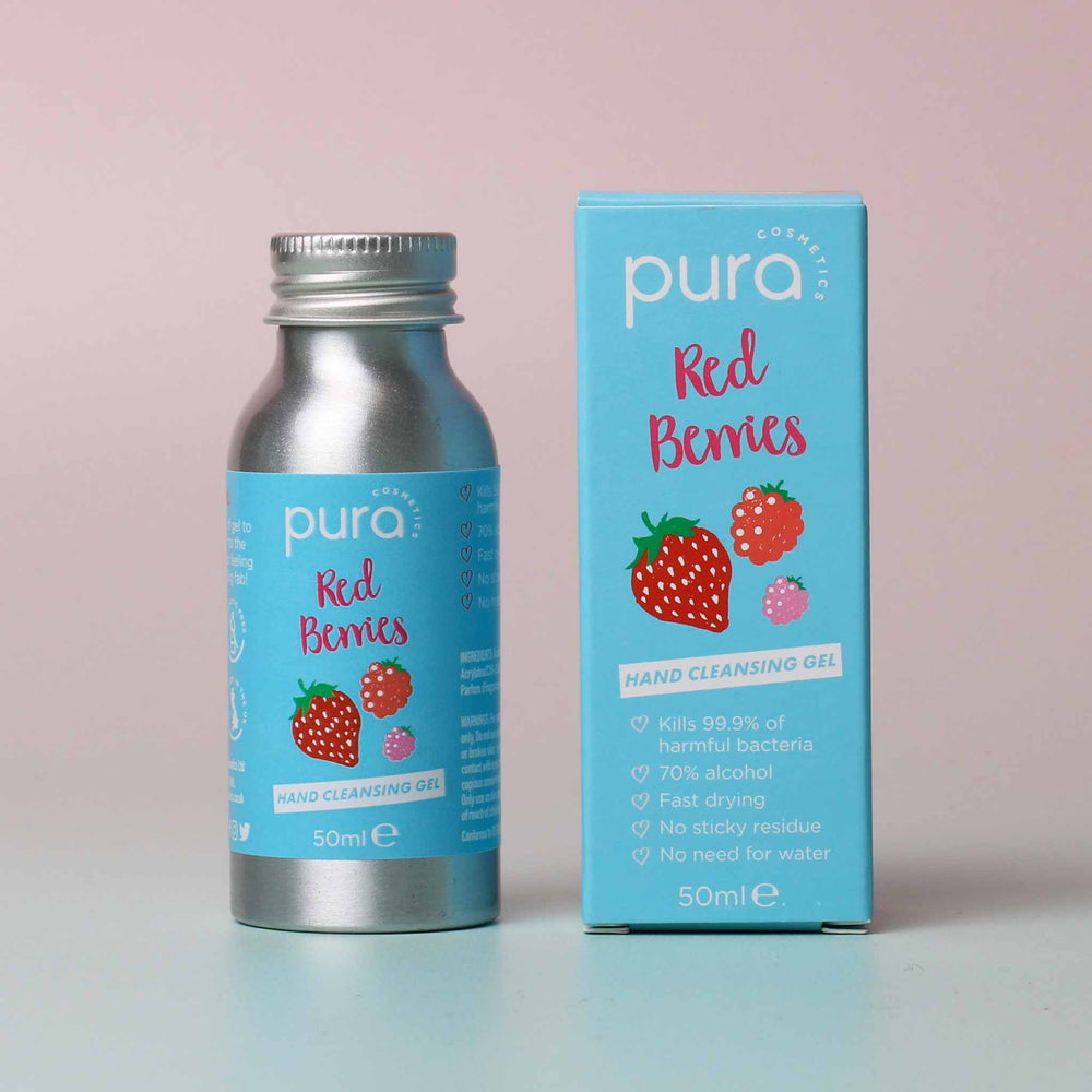 Pura Cosmetics Red Berries Hand Cleansing Gel 50ml.  Gets rid of 99% of nasty germs while still being vegan, cruelty free and UK made