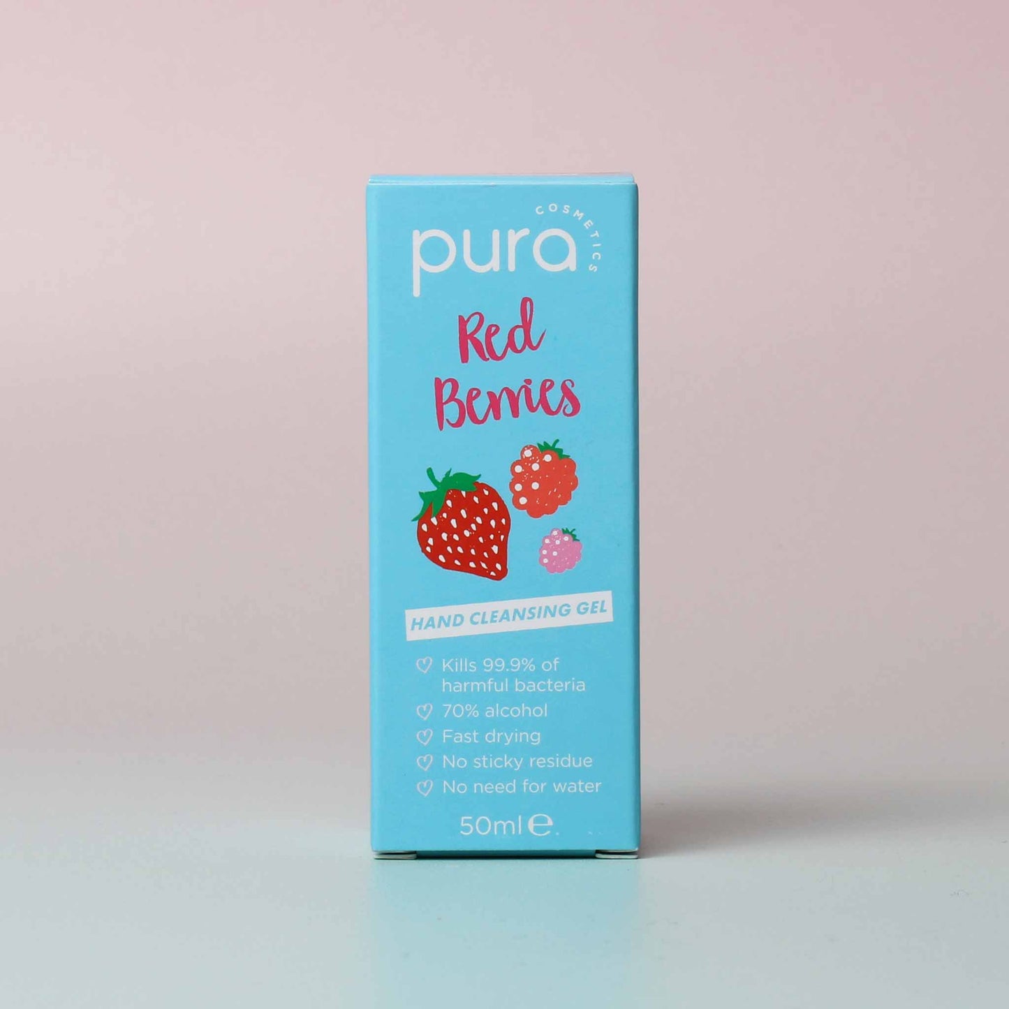 
                  
                    Pura Cosmetics Red Berries Hand Cleansing Gel 50ml.  Gets rid of 99% of nasty germs while still being vegan, cruelty free and UK made
                  
                