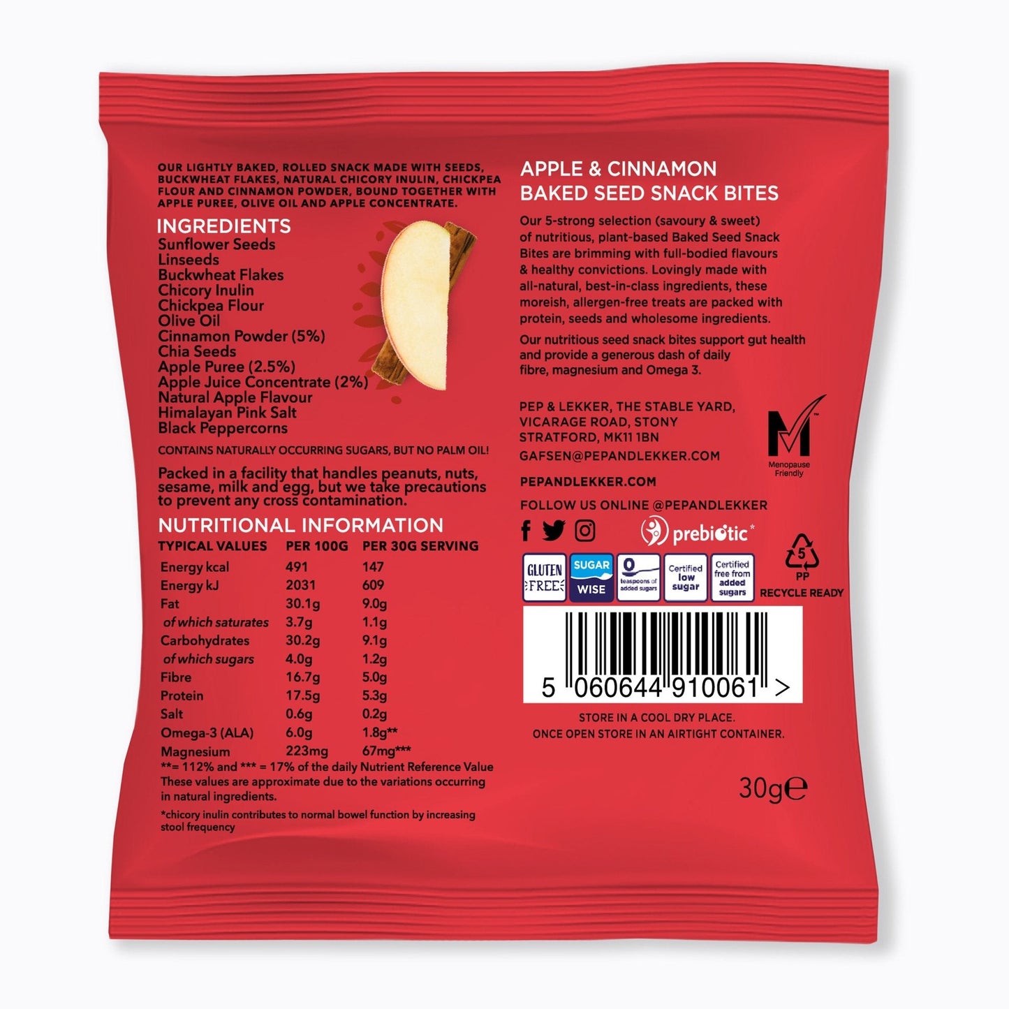 
                  
                    PEP & LEKKER - Apple & Cinnamon Seed Snack 30g Ingredients
                  
                