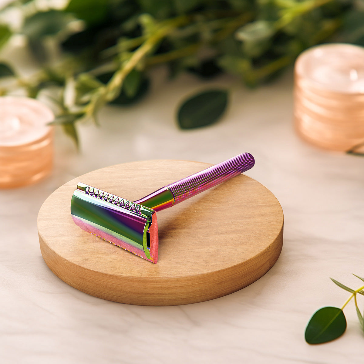 rainbow reusable razor in bathroom