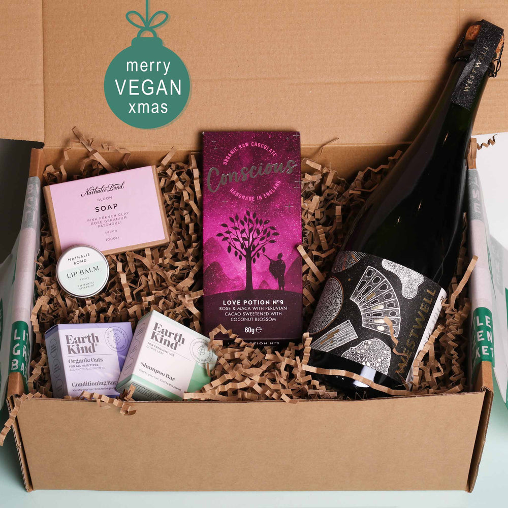 
                  
                    Large Vegan Gift Box for Her with sparkling wine, shampoo, conditioner, soap, lip balm, deodorant, tea and chocolate
                  
                