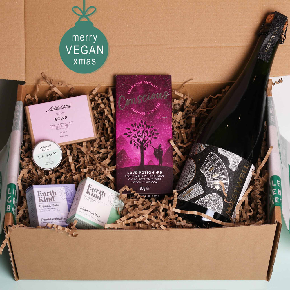 Large Vegan Gift Box for Her with sparkling wine, shampoo, conditioner, soap, lip balm, deodorant, tea and chocolate
