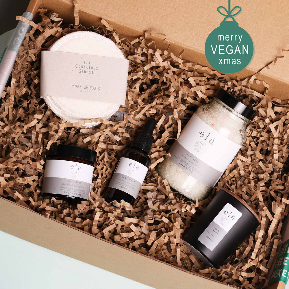 
                  
                    Luxury Vegan Self Care Gift Box with bath salts, face cream, face oil and a candle. It will have you feeling relaxed and revived
                  
                