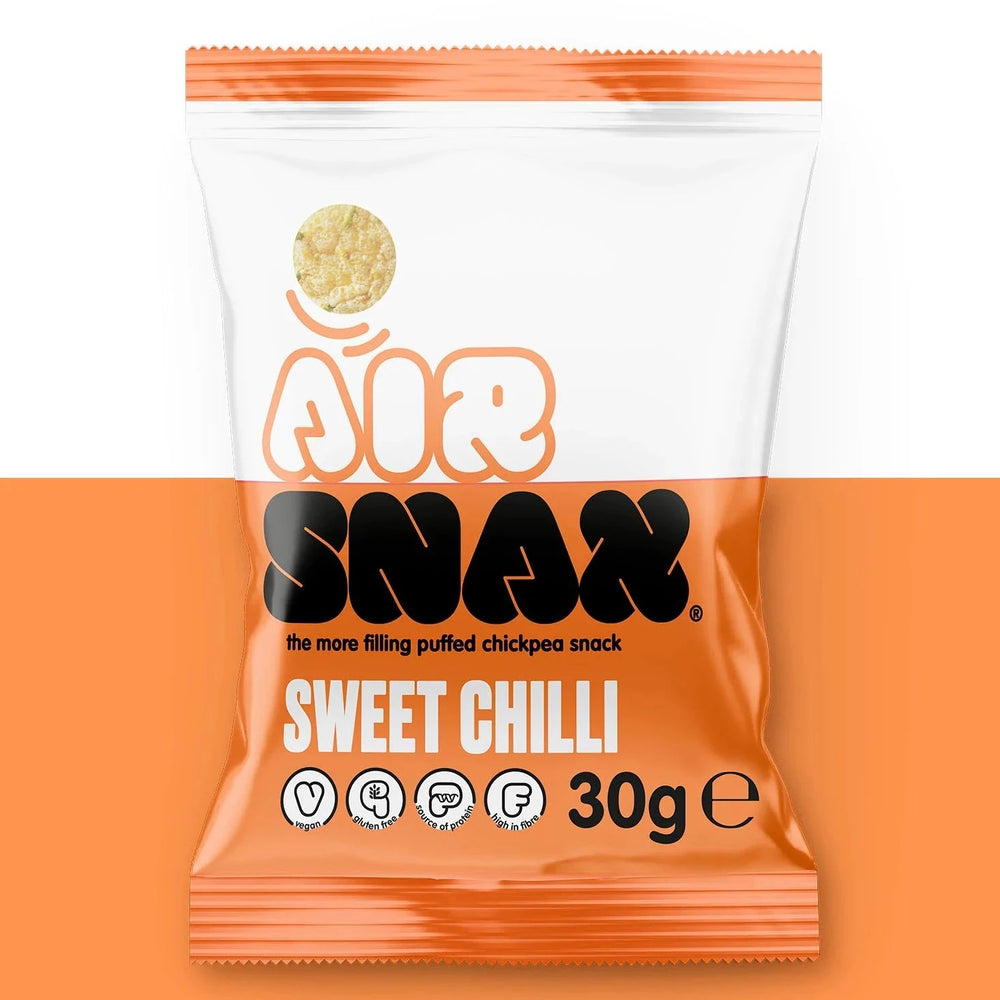 
                  
                    Air Snax Sweet Chilli Vegan Chickpea Snack. Gluten free, vegan, source of protein and high in fibre
                  
                