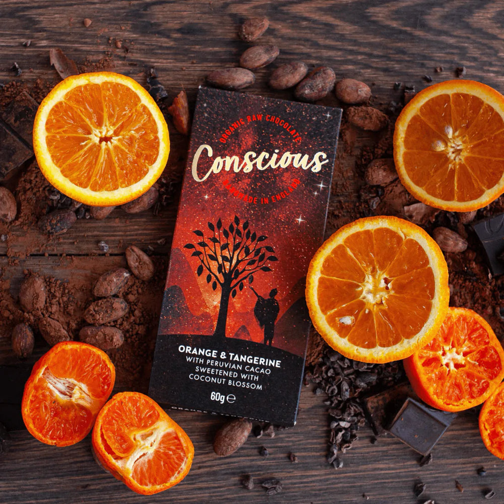 
                  
                    Conscious Organic Vegan Raw chocolate Orange and Tangerine free from gluten, soya, dairy and refined sugars
                  
                