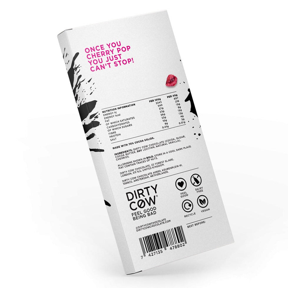 
                  
                    Dirty Cow Cherry Pop UK vegan chocolate. Vegan chocolate topped with cherries 
                  
                