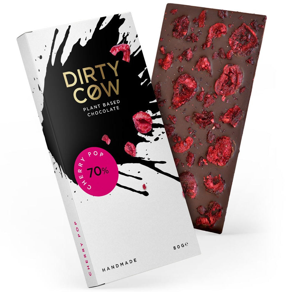 
                  
                    Dirty Cow Cherry Pop UK vegan chocolate. Vegan chocolate topped with cherries 
                  
                