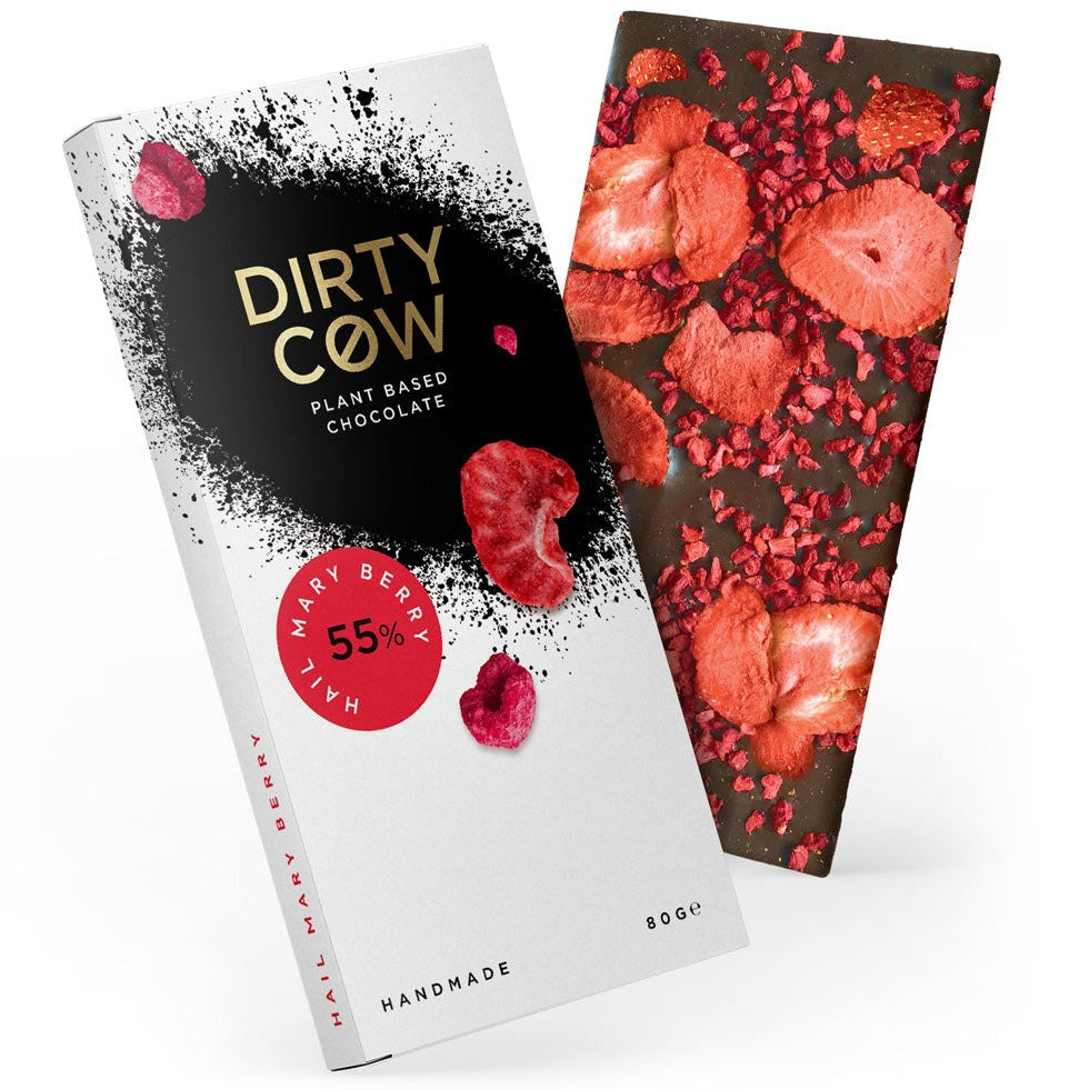 
                  
                    Dirty Cow Hail Mary Berry UK vegan chocolate. Vegan chocolate topped with fruity berries
                  
                