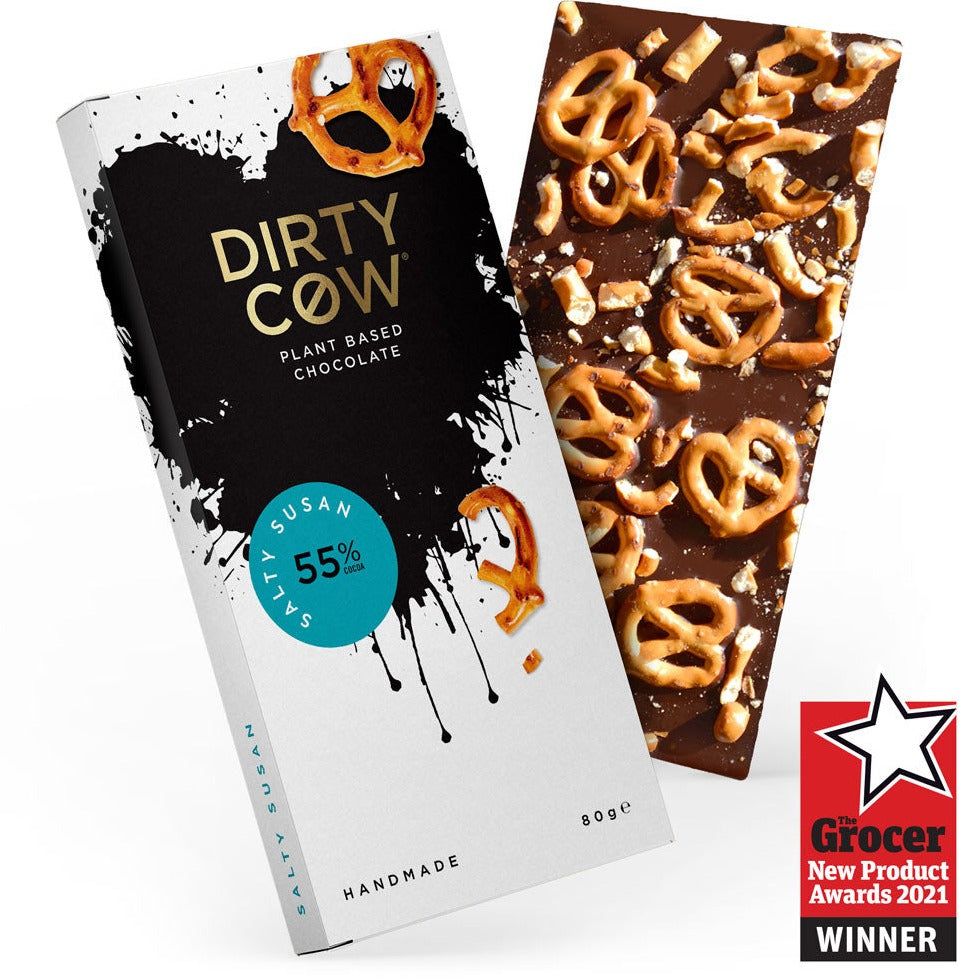 
                  
                    Dirty Cow Salty Susan UK vegan chocolate. Plant based chocolate with salty pretzel pieces 
                  
                