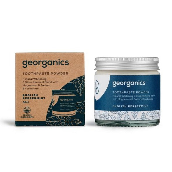 Natural whitening & stain removing toothpaste powder reduces plaque and discolouration caused by food, tea or coffee. Organic peppermint flavour.