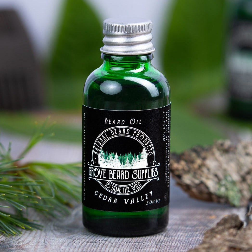 
                  
                    Grove Beard Supplies Beard Oil Cedar Valley. Scents of woodsy Cedarwood & Pine Needle with undertones of Tea Tree & Orange. Blended to provide complete nourishment for your beard. 
                  
                