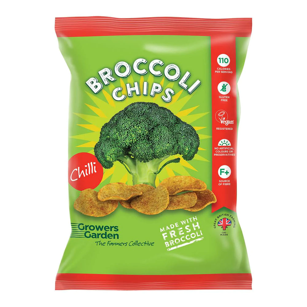 
                  
                    Growers Garden Broccoli Crisps, Chilli Flavour. A little all-natural chilli turns up the heat and gives their broccoli crisps a devilish kick.
                  
                