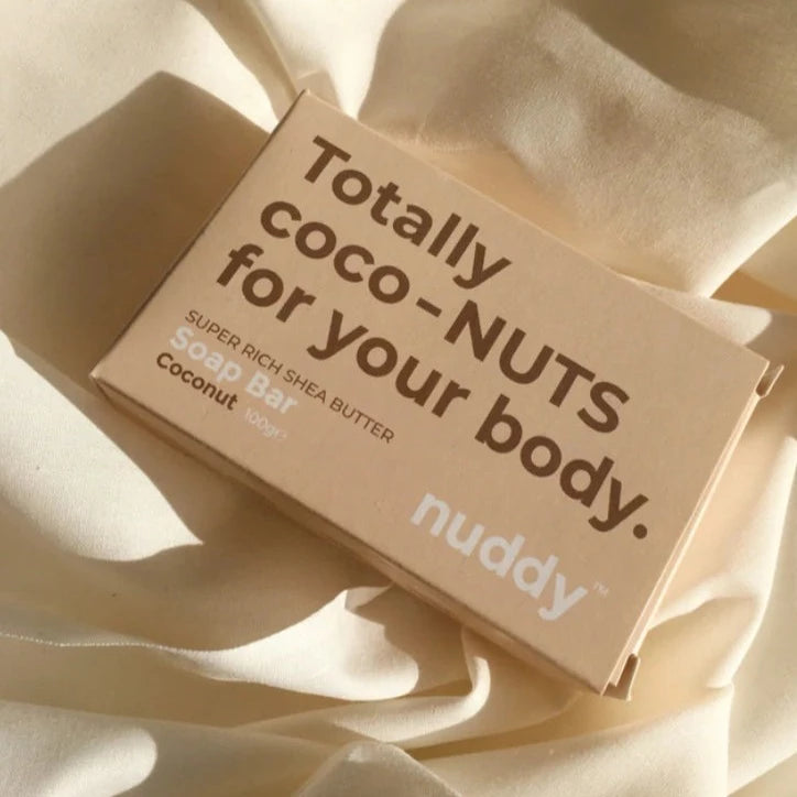 
                  
                    Nuddy Coconut Moisturising Soap Bar. Rich Moisturising Shea Butter Coconut scented vegan soap bar
                  
                