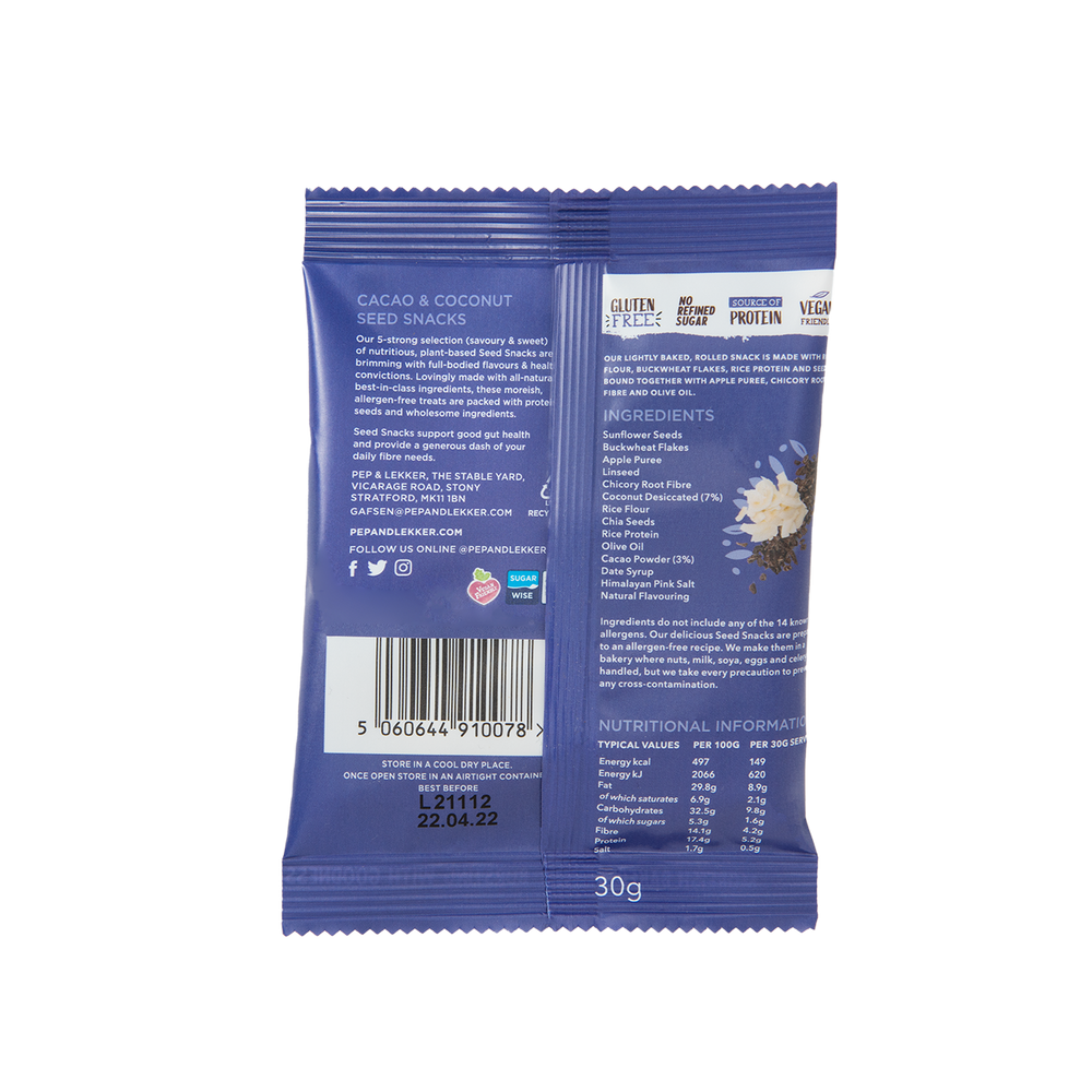 
                  
                    Pep & Lekker Cacao and Coconut seed baked snack. Packed full of fibre and 14 natural ingredients
                  
                