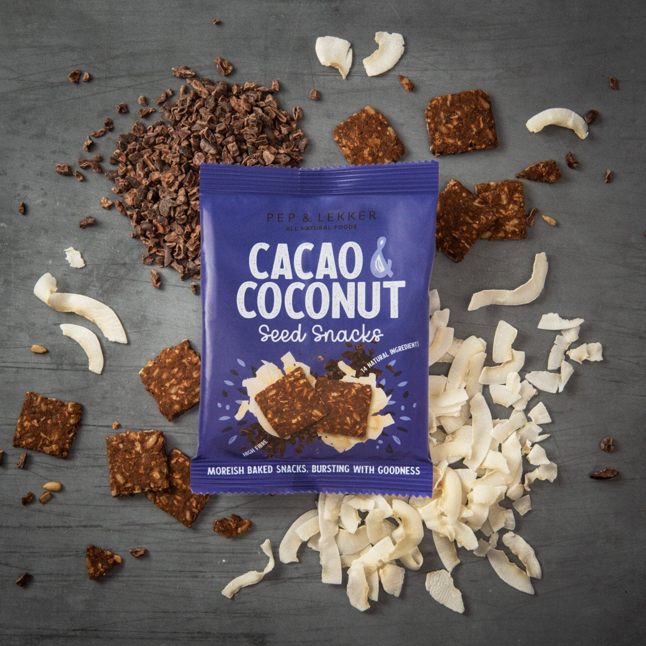 Pep & Lekker Cacao and Coconut seed baked snack. Packed full of fibre and 14 natural ingredients