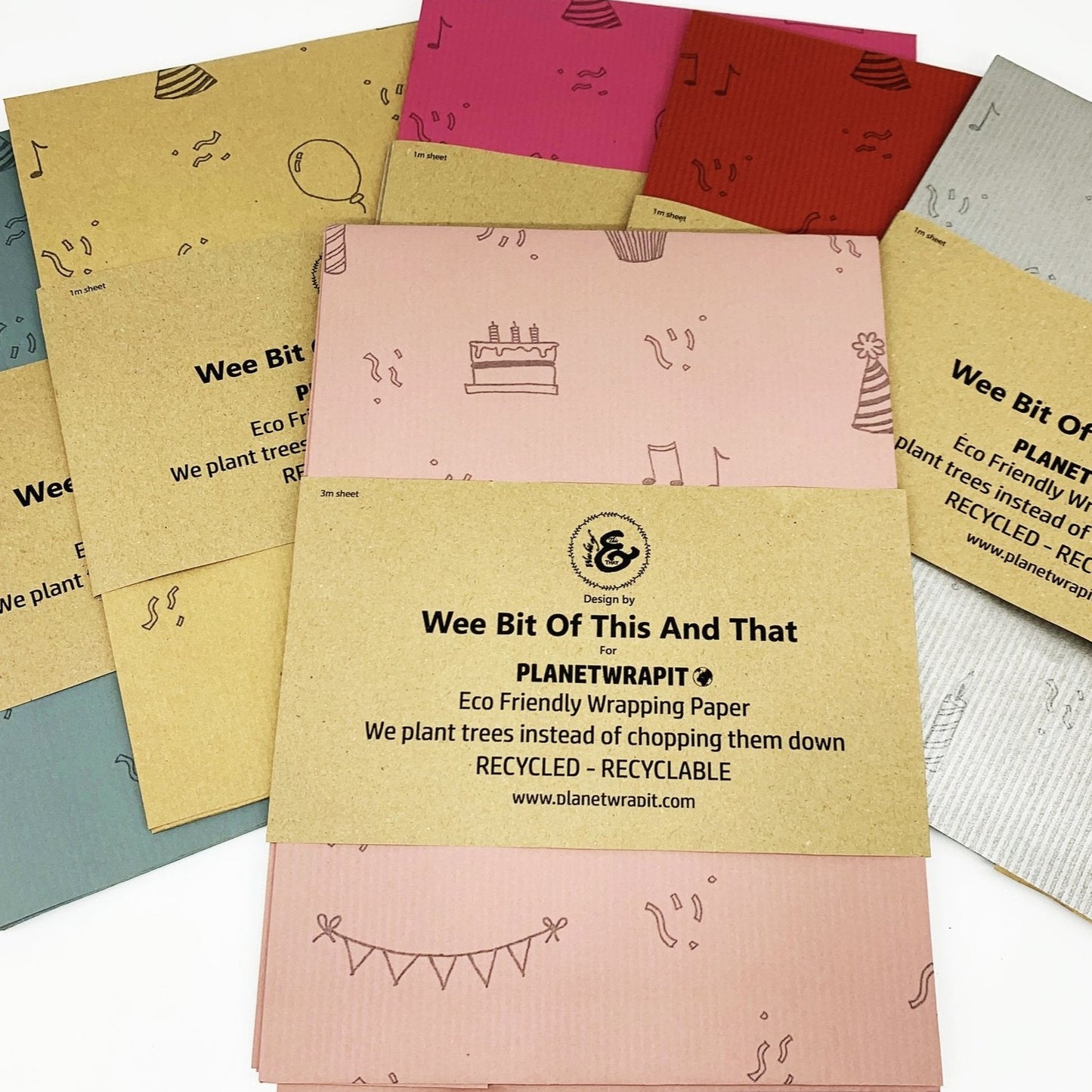 
                  
                    PlanetWrapIt Party Time Recycled Kraft Wrapping Paper designed by A Wee Bit of This and That. In 1 metre sheets
                  
                