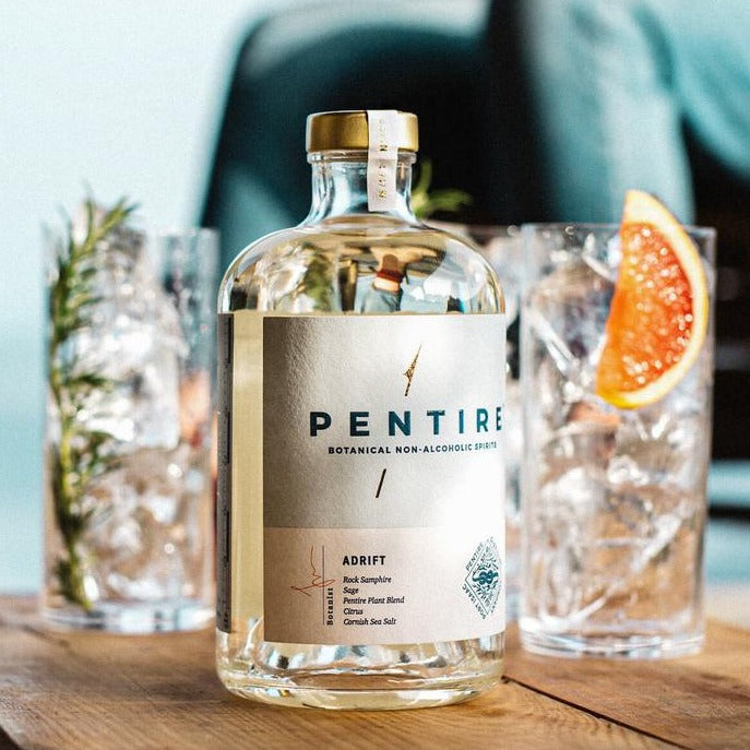 
                  
                    Pentire Adrift, Botanical Non-Alcoholic Spirit. It's Crisp, Herbaceous and Fresh with notes of citrus, Sage, Rock Samphire and Sea Salt
                  
                