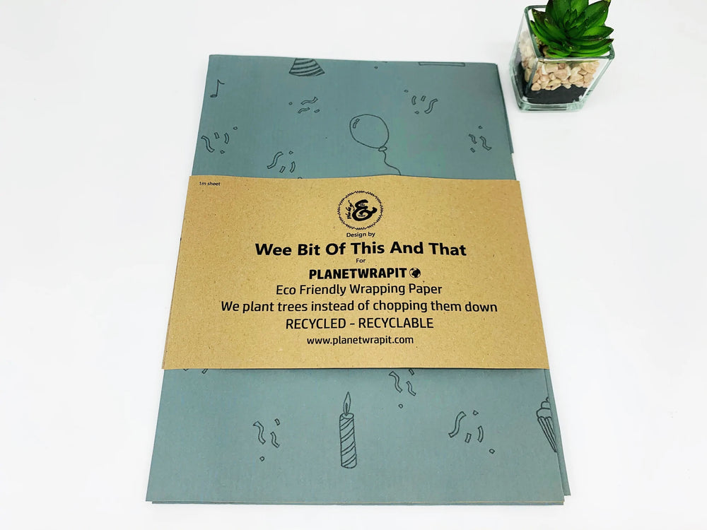 
                  
                    PlanetWrapIt Party Time Recycled Kraft Wrapping Paper designed by A Wee Bit of This and That. In 1 metre sheets
                  
                